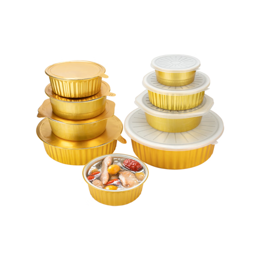 Jia Xiaoyou 2024 new disposable thermal insulation lunch box aluminum foil lunch box trumpet flower disposable gold tin paper box barbecue round aluminum 450 gold round aluminum foil box with aluminum foil. Cover 10