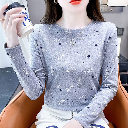 红蜻蜓纯棉时尚印花打底衫女长袖秋季新款修身百搭圆领T恤内搭上衣 DD1396#（灰色）长袖 XL 【建议121-130斤】