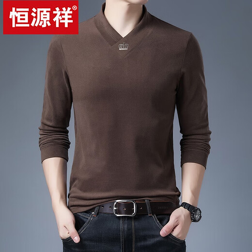 恒源祥男士双面绒德绒打底衫加绒加厚保暖t恤长袖v领内衣秋冬季新款上衣 9898红色 180 XXL