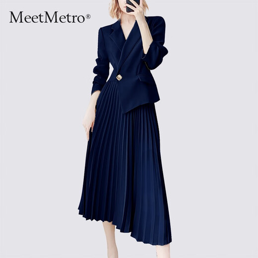 MeetMetro Mayer Suit Dress Women's 2025 Autumn New Texture Professional Commuter Pleated Skirt Lightning [Spot Lightning] L