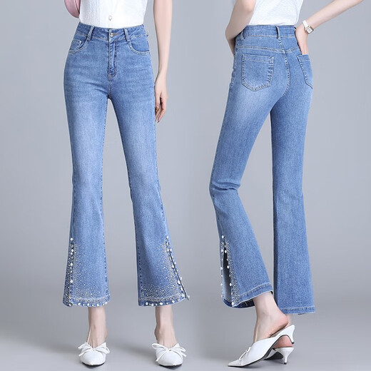 Light luxury nine-point slightly flared jeans for women 2025 new high-waisted slim small side slit slit bell-bottom pants for women blue 6621 spring and summer thin 4XL /32 145-155Jin [Jin equals 0.5 kg]