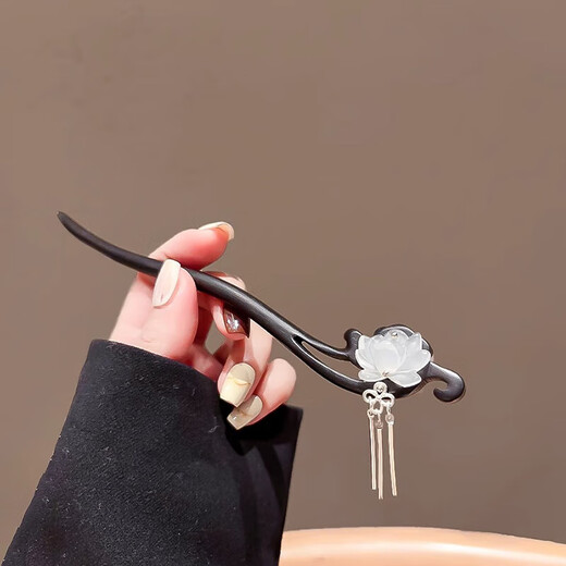 Bai Shilin Lotus Hairpin Women's Ancient Style New Chinese Style Wooden Step Shake Tassel Hairpin Daily Simple Hairpin Birthday Gift Lotus Brocade