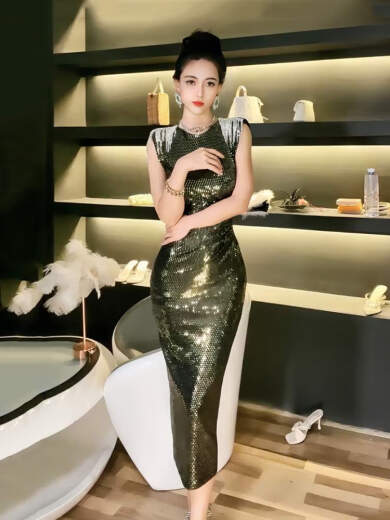Yubeiji dinner dress women's 2023 new fashion noble dinner party temperament slim slim sexy dress sub-trendy champagne black dress high-quality fabric S (recommended to wear around 82-98)