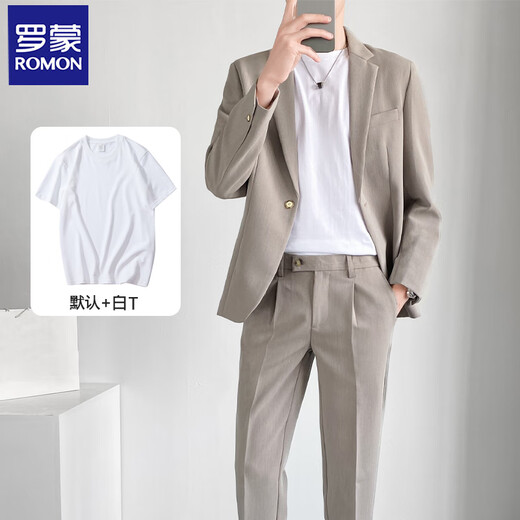 ROMON high-end casual suit suit for men in spring and autumn, loose and loose Korean style, handsome, mature style, trendy suit jacket, khaki three-piece suit, suit + pants + T-shirt XL