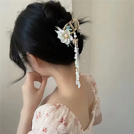 红允2025新款高端抓夹女士发夹后脑勺盘发鲨鱼夹轻奢古风发卡夹子头饰 花朵蝴蝶流苏发夹F105