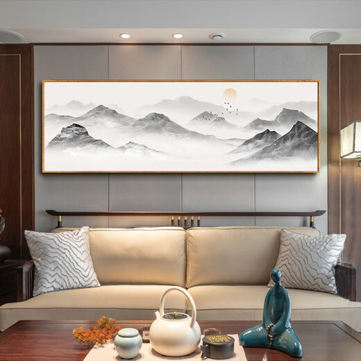 Zilang living room decorative painting sofa background wall ink Zen landscape painting wall hanging painting tea room office calligraphy and painting mural 04-backed 70*210 bright gold aluminum frame + plexiglass SF Express