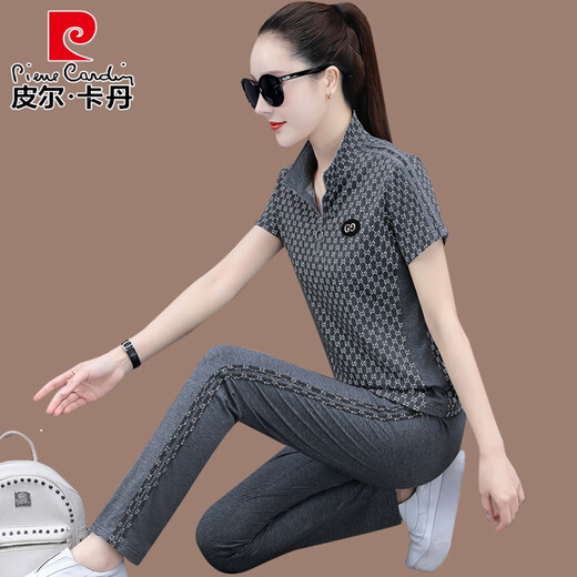 皮尔卡丹冰丝运动卫衣套装女夏季薄款2022新款时尚宽松立领短袖长裤休闲两 6625深灰色两件 M (适合80-92斤//+)