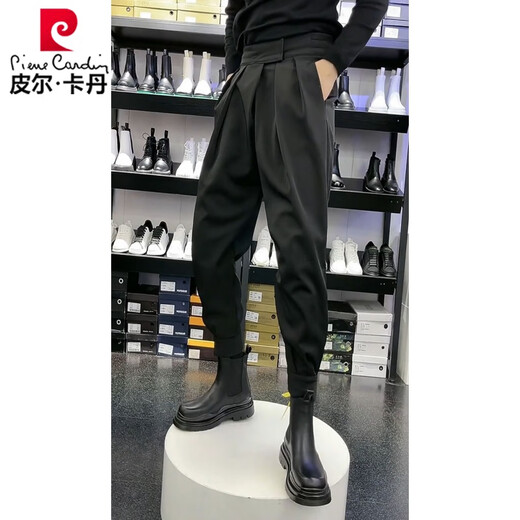 Pierre Cardin Velcro Martin boots with legged trousers for men, high-quality spring, autumn and winter suits, versatile casual pants, loose harem pants, black version, regular 28