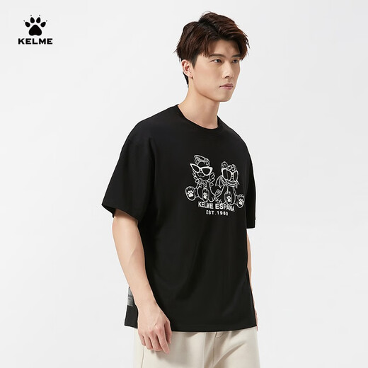 卡尔美（KELME） 短袖T恤男夏季新款纯棉宽松休闲短t足球潮流文化衫 9224TX1057 黑色 M