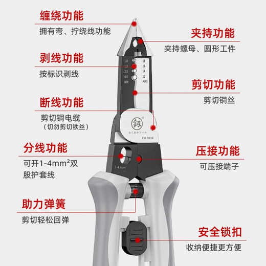 Fukuoka Tools electrician comprehensive multi-functional pliers wire stripping pliers needle nose pliers cutting industrial grade seven-in-one