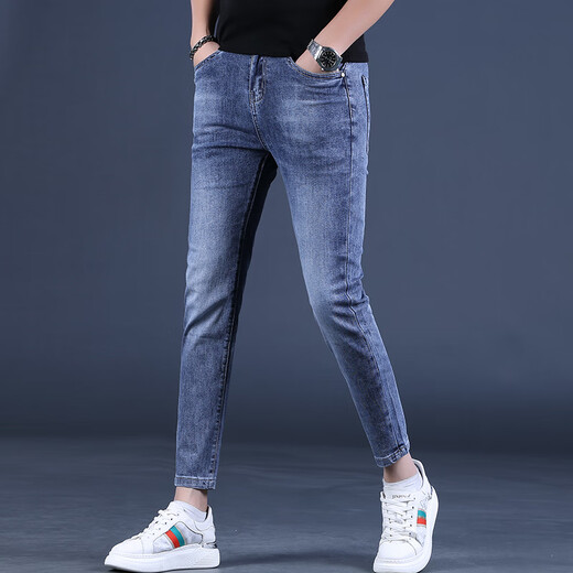 Kurentou Summer Blue Bleu Nine Point Jeans Hommes Slim Feet 2023 Nouveau pantalon pour hommes élastiques 9 points Men Q1049 Gray Nine Point 32 2 pieds 5
