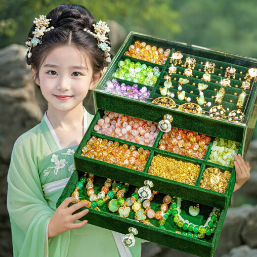 Haoleshuang children's bracelet beaded bracelet handmade DIY materials for girls' birthday gift toys gift box for house play toys ancient style green luxury deer fleece box set 14 colors 700 beads single set meal