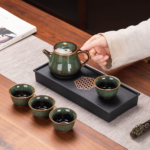 Porcelain brand tea set (cipaiming teaset) tea set small set Kung Fu teapot portable one pot four cups home reception tea set small tea table kiln-turned rabbit hair blue one pot four cups + magnet dry infusion tray