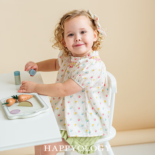 Happyology British girls summer pure cotton floral top baby girl's ear-trimmed stand-up collar puff sleeve shirt Starry Night Secret Garden 98 (98cm)
