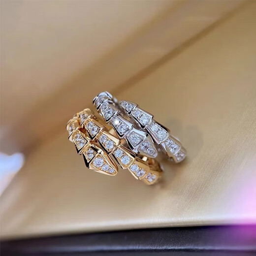 Ji Ge 18K gold couple ring 18k rose snake-shaped ring women's niche design snake bone three-circle full diamond moissanite ring