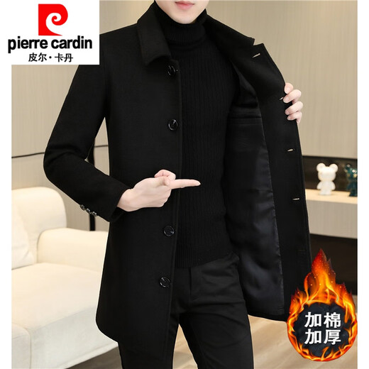 Pierre Cardin hiver épaissi mi-long manteau en laine laine doudoune chaude pour hommes veste décontracté revers vison vêtements nouveau produit 88601/noir/coton style tissu de laine M