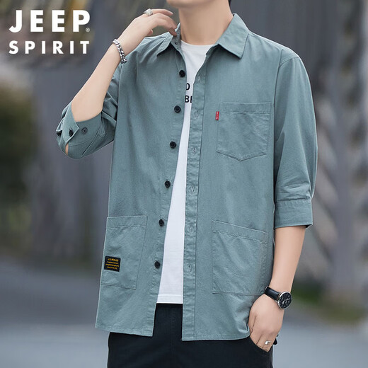 JEEP SPIRIT吉普衬衫男夏季衬衣男士外套休闲七分袖男装短袖衬衫 豆绿色 XL 