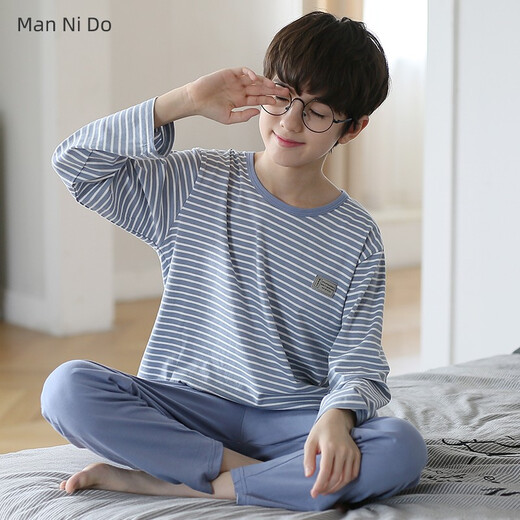 Mannido Boys Pajamas Spring и осенью Новый чистый хлопковой хлопковые дети с длинными рукавами мальчики Большие дети хлопковые подростки тонкие домашние одежды L5009 [двойная длина] 140 16 Размер Рекомендуется 135-145 см.