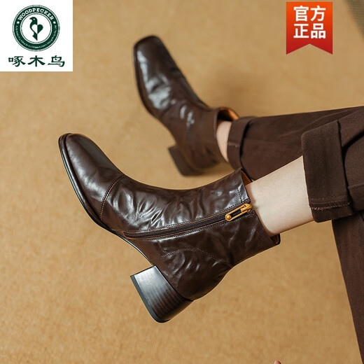 Specht bequeme Leder-Nacktstiefel Mode Slim Boots Frauen 2025 Herbst und Winter Neues weiches weiches Fersenquadrat-Toe Retro Short Stiefel Schwarz 38