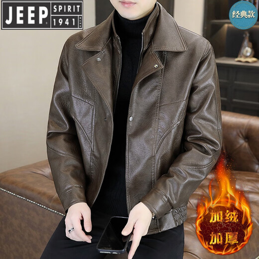 JEEP SPIRIT fake two-piece leather jacket men's fur one-piece plus velvet thickened jacket Pishuai 2025 new winter motorcycle leather jacket 98815 coffee color 4XL about 170-190Jin Jin equals 0.5 kg can be worn