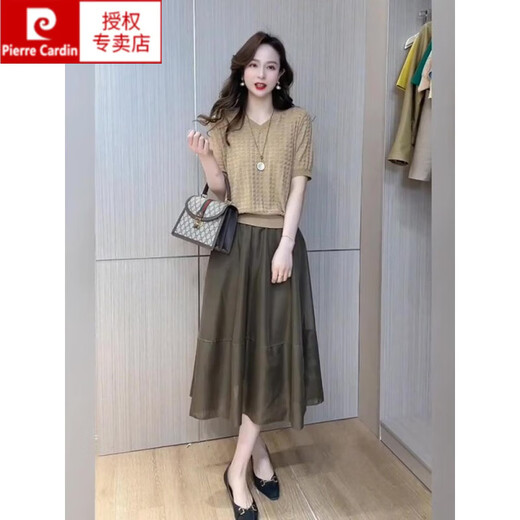 
Pierre cardin Silk Mulberry Silk Temperament Summer Two-piece Professional High-end 2025 New Women's Summer Dress 9221 Top + Skirt XL