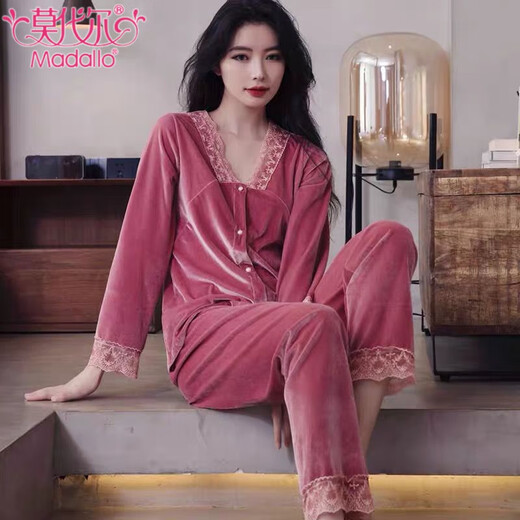 
Modal gold velvet pajamas for women in spring and autumn sexy lace lace long sleeve trousers thin velvet winter home clothing two-piece set -9923 rose red L (100-115Jin [Jin equals 0.5 kg])