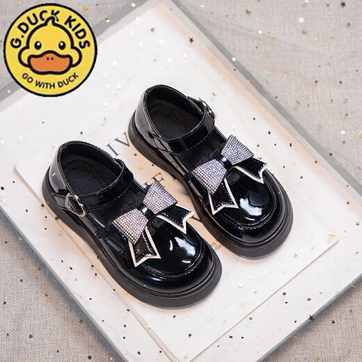 G.duck Little Yellow Duck Girls' Small Leather Shoes Spring and Autumn Fashion Bow Black Little Girls Black British Style Performance Shoes Casual HDL-Black 820 (Leather) Size 37 Inner Length 23.5cm