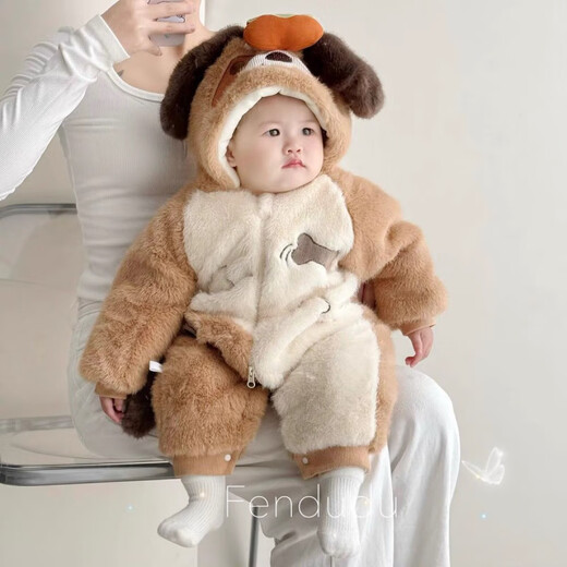 Baby winter thickened khaki, sweet and warm onesie, baby winter velvet crawler suit, thickened super cute outing suit, green bone dog thickened mink velvet jumpsuit 66cm