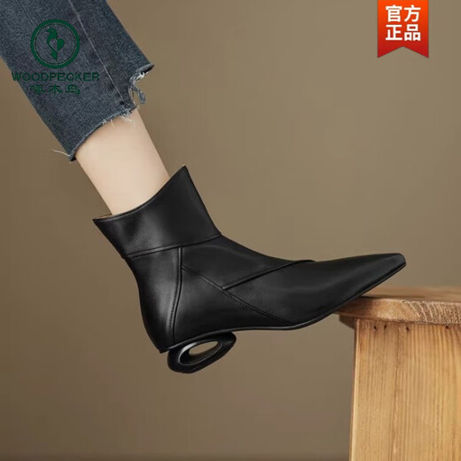 Woodpecker 2025 autumn and winter new low-heeled women's shoes side zipper pointed toe real soft leather women's nude boots special-shaped thick heel spliced short boots black 34