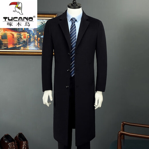 Woodpecker (TUCANO) men's coat men's long middle-aged knee-high suit collar Korean style autumn and winter windbreaker woolen high-end brand coat black long 2XL 125-140Jin Jin equals 0.5 kg