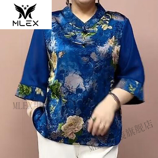 MLEX恋影服装9903国风中式盘扣气质小衫复古印花七分袖妈妈衬衫上衣女 绿色 4XL 135-150斤