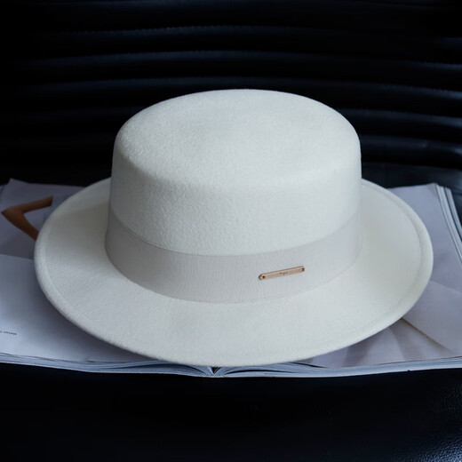 Tochino autumn and winter fashion new woolen hat for women white French large head felt hat high-end elegant flat hat pure black regular size M (55-57.5CM)