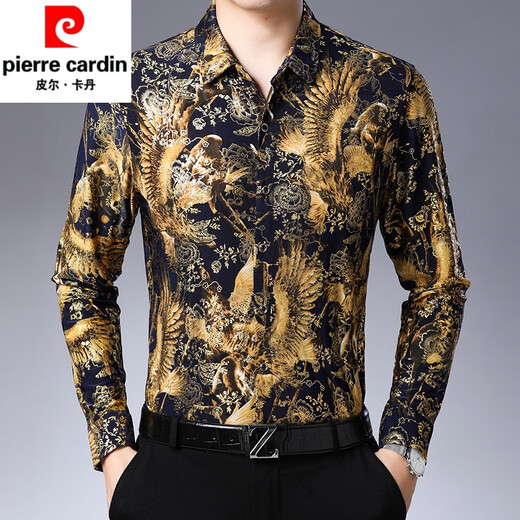 Pierre Cardin Spring Flower Hemd Herren-Langarm-Maulbeer-Seide-Hemd mit mittleren Alter von Daddy Casual Dragon Tattoo gesticktes Hemd Eis Silk Top Navy Blau 829 L 170/120-140jin [Jin gleich 0,5 kg] tragen