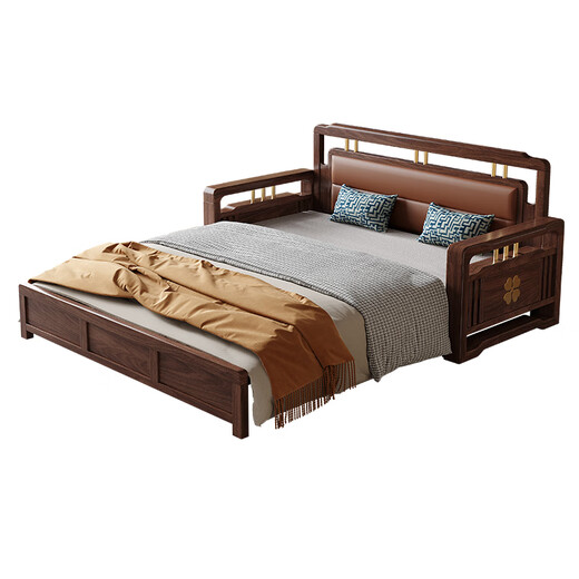 Caibaimu-Schlafsofa aus schwarzem Walnuss-Massivholz-Schlafsofa, All-in-One-Dual-Purpose-2025-Push-Pull-Kleinwohnungs-Wohnzimmer-Massivholzbett, 1,8-Meter-Schlafsofa, verbesserte Latex-Stil-Montage