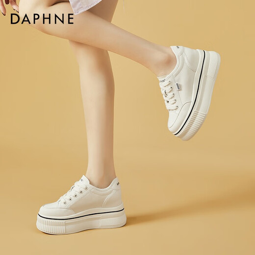 达芙妮（DAPHNE）帆布鞋女休闲饼干鞋黑白格子厚底增高鞋子新款学生百搭春款 1048款米色 34 (220mm) 标准码