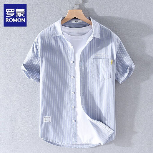 ROMON 2025 men's short-sleeved shirt Japanese embroidered loose striped top summer thin casual versatile cotton shirt 9721 white M 100Jin Jin is equal to about 0.5 kg