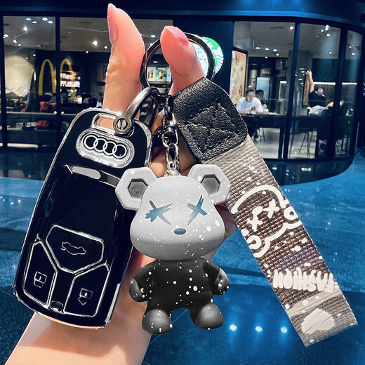 驰界2022款奥迪钥匙套奥迪a4la6l车q5l壳a3l扣a5包q3男a4女q4etro C款【象牙白】灰色变色龙熊挂扣