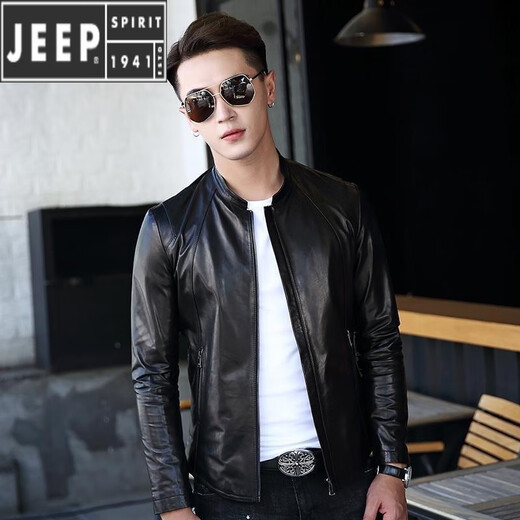 JEEP SPIRIT Jeep leather jacket men's trendy handsome slim fit spring, autumn and winter new thin velvet thickened leather jacket L 90-110Jin Jin equals 0.5kg 1985 model black thin.