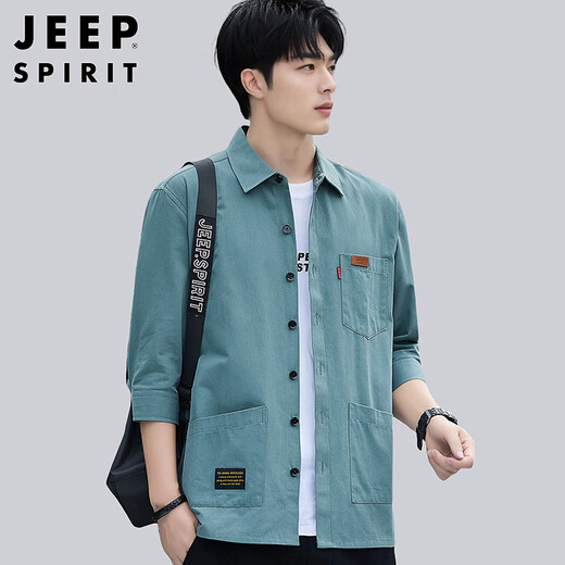 JEEP SPIRIT吉普衬衫男夏季衬衣男士外套休闲七分袖男装短袖衬衫 豆绿色 XL 