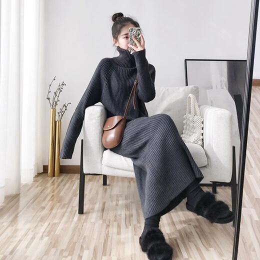 Fanshu Dress Women's 2020 Autumn Internet Celebrity Extended Sweater Skirt Over the Knee Thickened Inside High-neck Knitted Bottoming Shirt Mid-Length Skirt yw2521 Dark Gray One Size