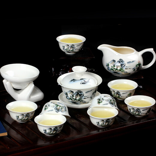 Ceramic Kung Fu tea set, home white porcelain tea set, office reception, blue and white teapot, lidded bowl, tea cup, complete tea set, 12-head Kung Fu tea set, Blue Landscape