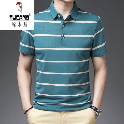 Woodpecker (TUCANO) horizontal striped short-sleeved T-shirt for men in summer with cotton lapel polo. Shirt middle-aged daddy outfit loose collared half-sleeved top 1278 top green M 170