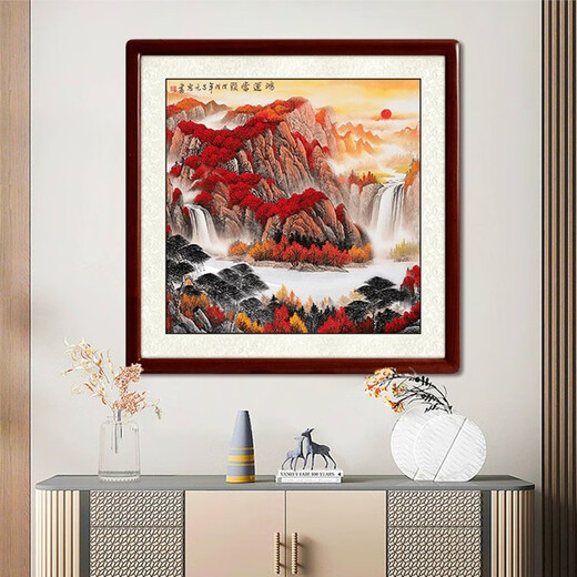 Zhao's Hengxi (ZONLOLV) Chinese ink painting master's pure hand-painted authentic landscape painting collection of water bloom hanging painting restaurant entrance decorative painting thousands of miles of rivers and mountains map feather ink with frame 65cm*65cm