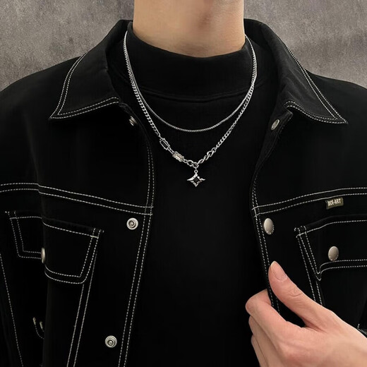 Cai Leiya Mangxing Double-layer Necklace Men's Trendy Sweater Chain Light Luxury Niche Design Hip-Hop Style Couple Boy and Girl Clavicle Chain Mangxing Black Stone Splicing Necklace