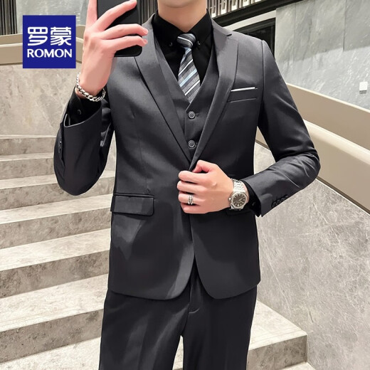 罗蒙西服套装男2025春季新款商务职业正装结婚礼服西服马甲三件套男 一粒黑色 3XL /185(建议155-170斤)