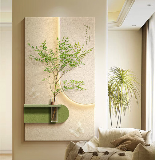 水培绿植奶油风玄关装饰画砂岩立体入户走廊过道挂画客厅墙壁灯画 80*160多层立体砂岩+玻璃花瓶+ 14757常规款不带灯