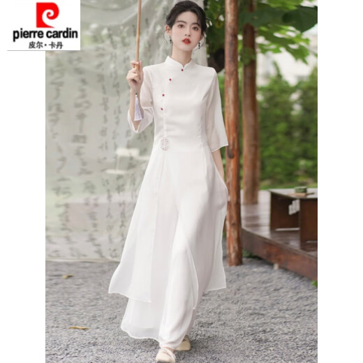 Piercadan Hanfu Hanfu Daily Zen Tea Artists Recogida de orejas Guzheng Centro de salud nuevo Chino Cheongsam Vestido 689 Traje blanco S