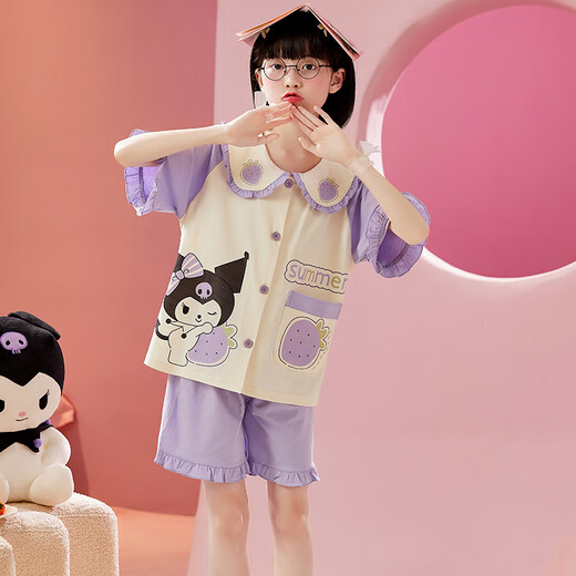 曼妮朵女童睡衣夏季纯棉小女孩新款儿童家居服宝宝开衫短袖短裤套装薄款 B4877绿【双短】 140cm 16码建议135-145cm