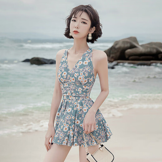 佑游游泳衣女泡温泉保守遮肚显瘦女士性感连体泳装三件套12122蓝色L