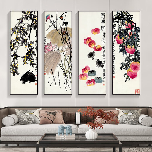 Manyu Qingsi Plum, Orchid, Bamboo and Chrysanthemum Living Room Decoration Painting Quadruple Tea Room Hanging Painting New Chinese Restaurant Sofa Background Wall Painting Ink Painting CY402 Plum, Orchid, Bamboo and Chrysanthemum 40*120cm*4 pieces Gold frame + shiny silver cloth